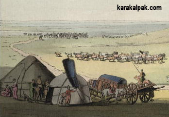 Detail from a painting of Noghay cart tents and yurts by Geissler